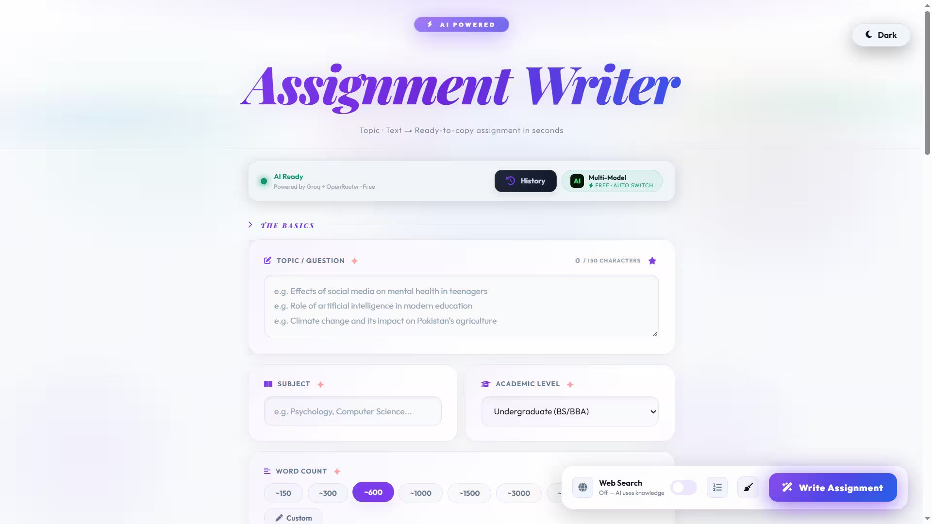 AI Assignment Writer UI Design